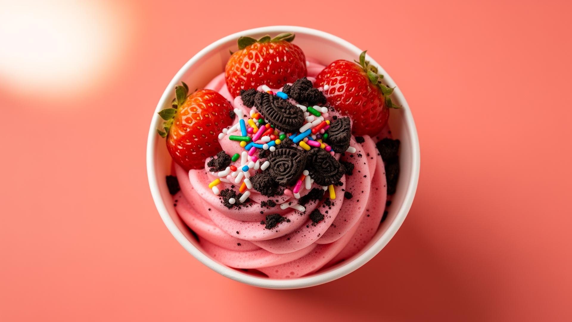 Frozen yoghurt med jordgubbar och toppings